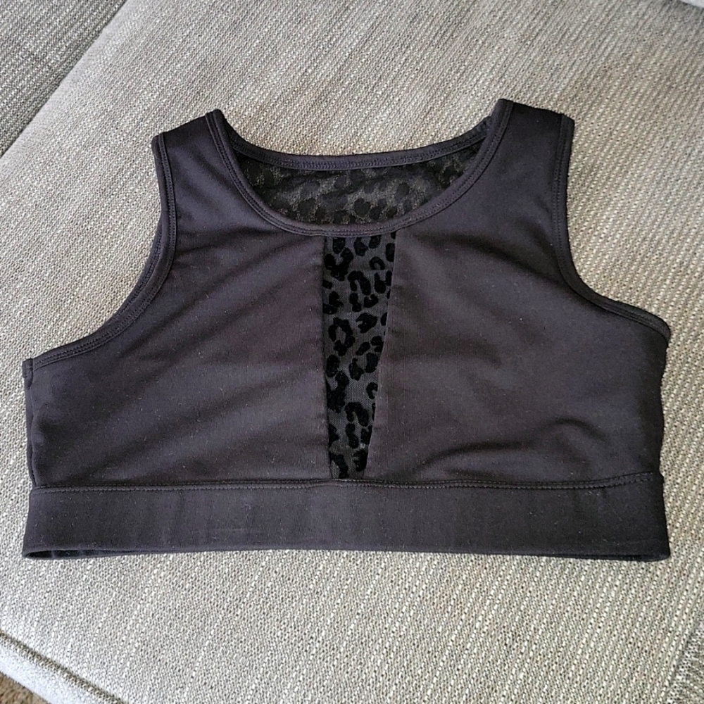 Jessica Simpson sport bra black with leopard lace inserts women Large